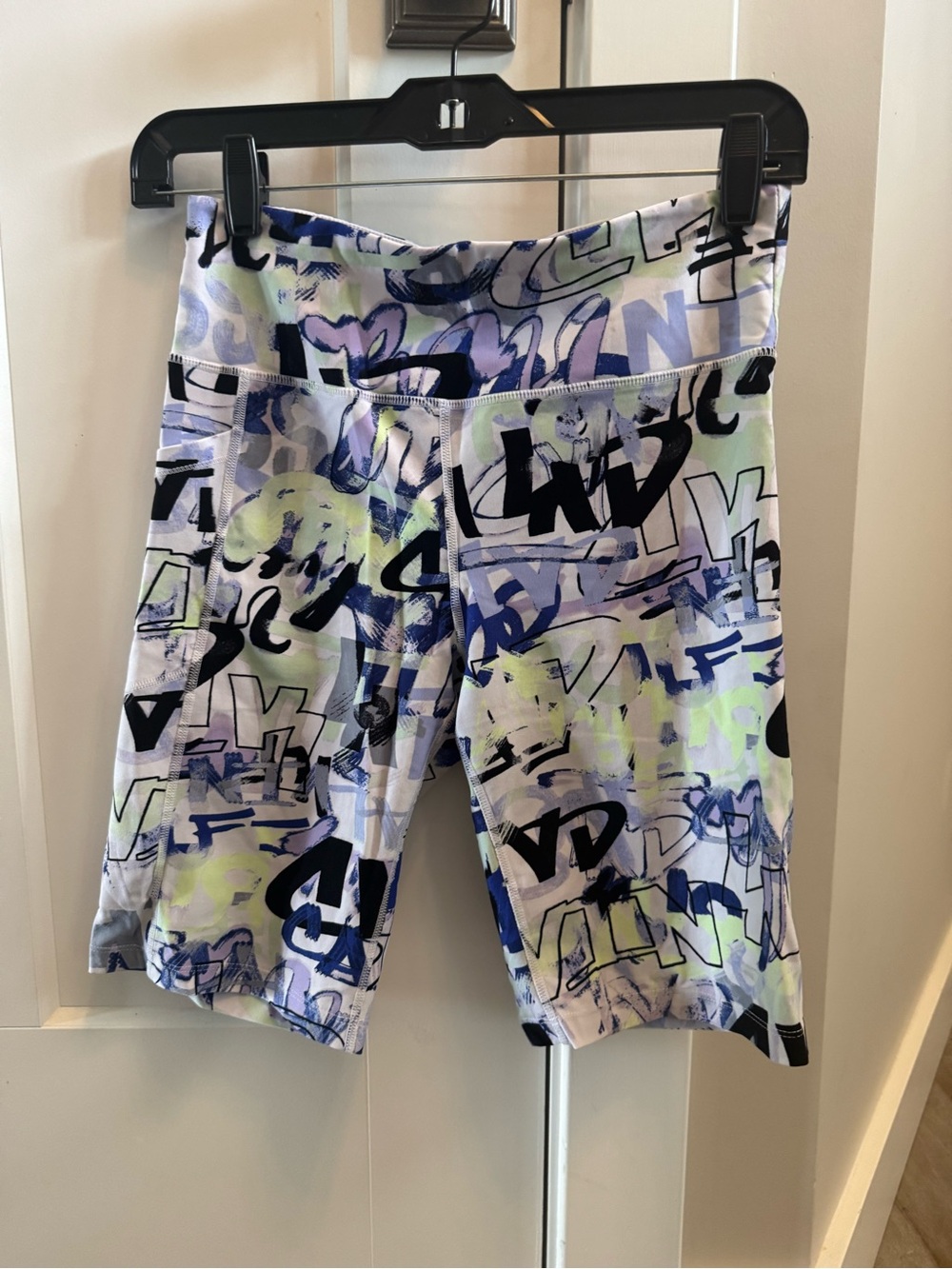 adidas Women’s Graffiti-Print Bike Shorts in Lavender, Blue & Black medium